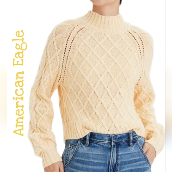 American Eagle Womens Yellow Knit Cropped Sweater Sz M Turtleneck Pullover - Picture 1 of 9
